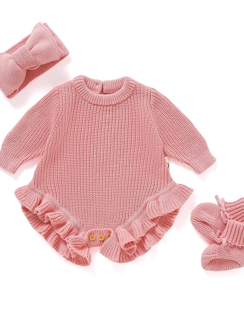 Avibae Pink Knit Baby Romper with Matching Hat & Booties